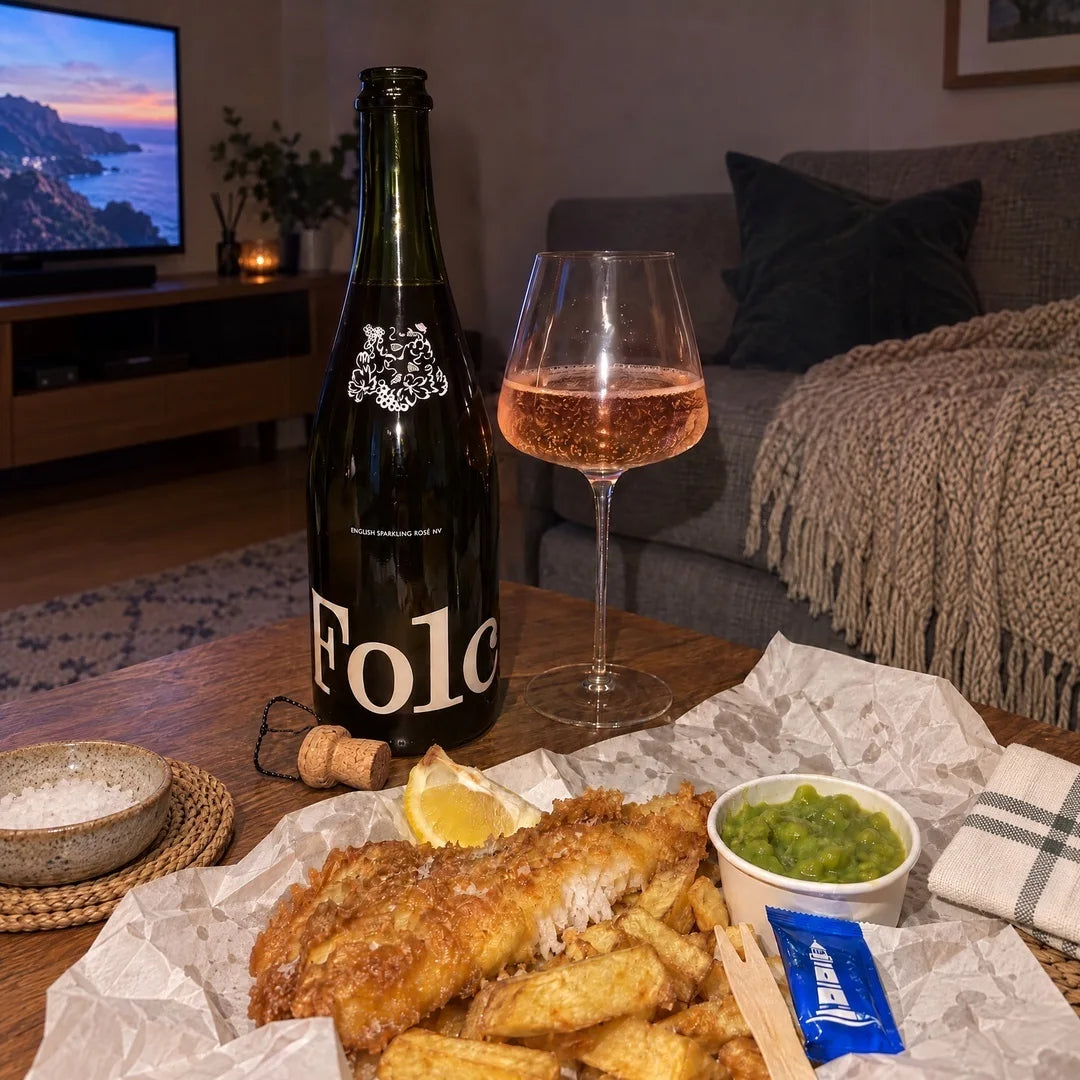 Fish and chips with mushy peas beside a bottle and glass of Folc sparkling rosé