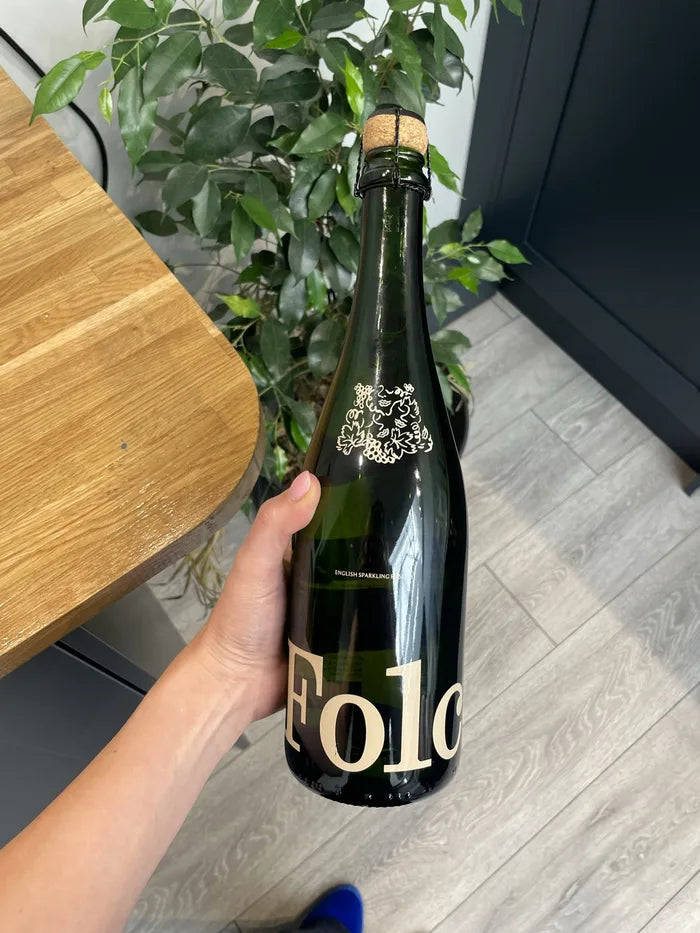 A bottle of Folc sparkling rosé held up beside a houseplant